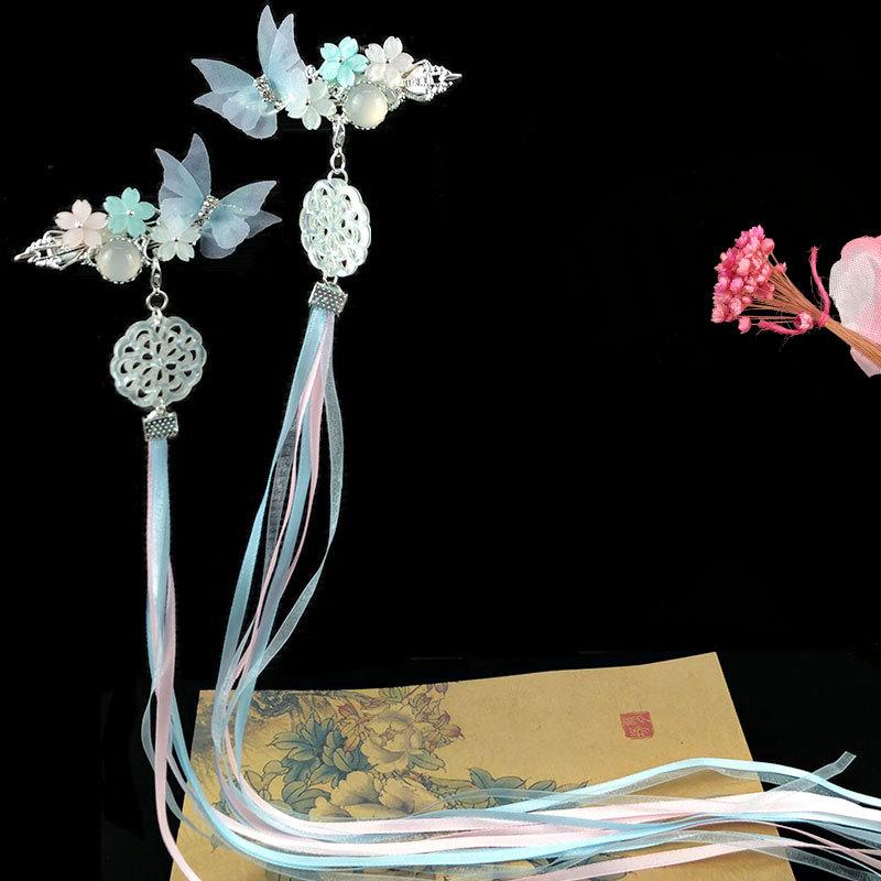 ( LẺ CHIẾC ) Cài tóc cổ trang bướm hoa gắn ngọc bội rua xanh hồng tua dài phong cách cổ trang Trung quốc cổ đại