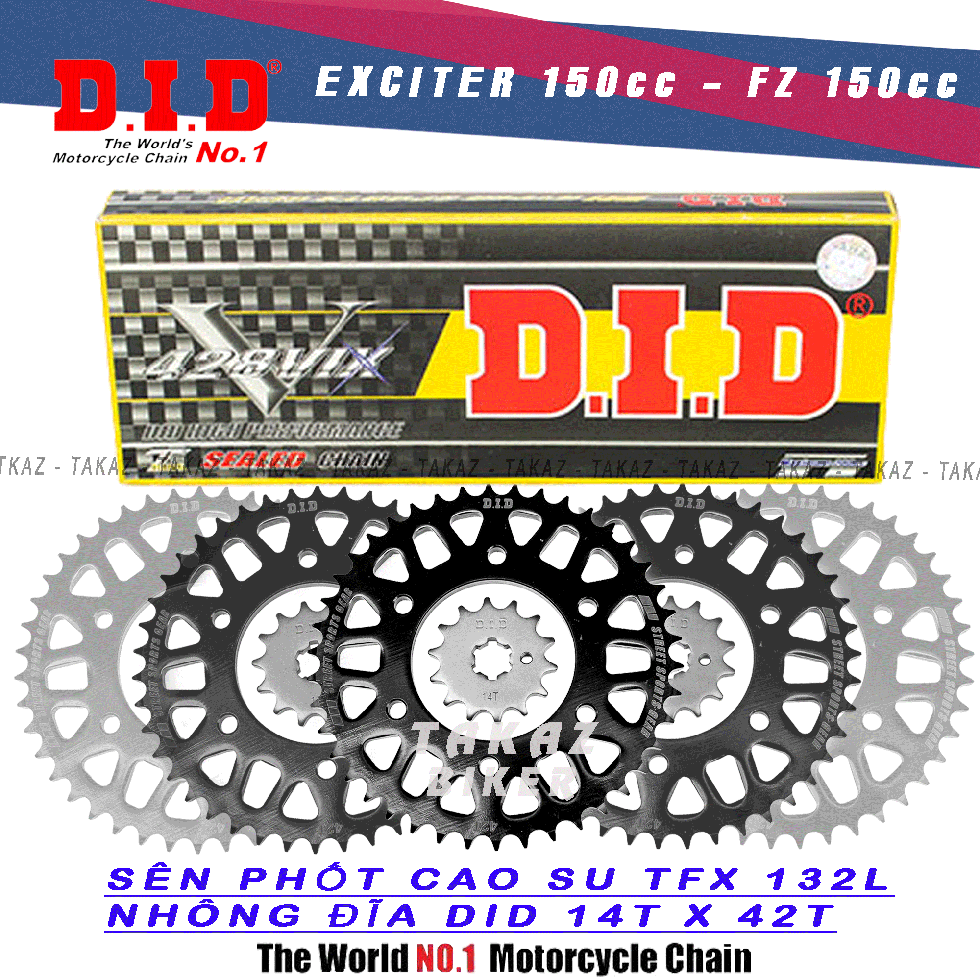 [HCM][ VIX 14T x 42T ] Sên Nhông Đĩa DID PKN YA Exciter 150cc - FZ150 lên thông số 14T dĩa 42T – Sên phốt cao su 131L VIX ( Thái Lan ) khóa sên cài phe
