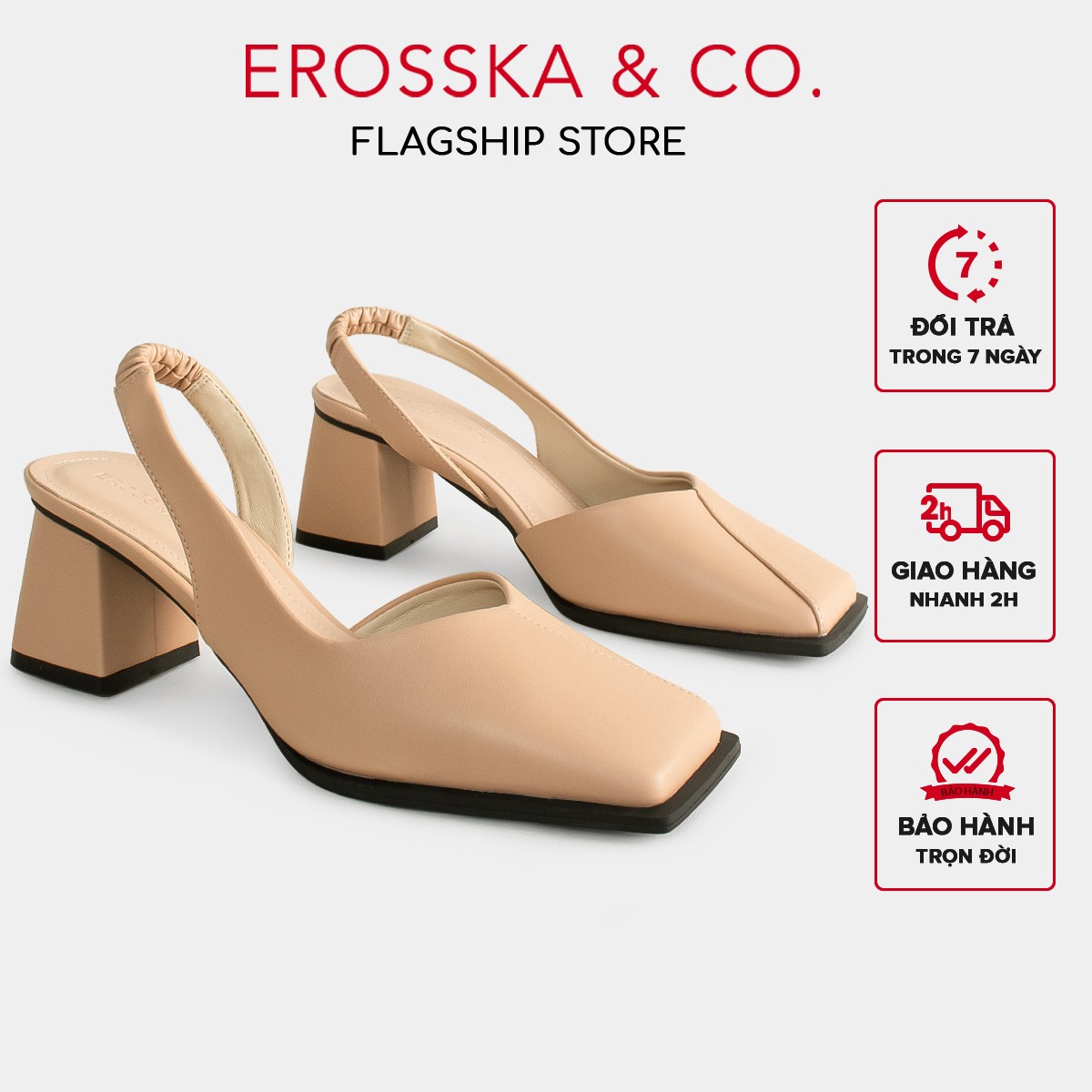 Erosska - Giày cao gót nữ mũi vuông dây quai mảnh nhún sau màu trắng cao 6cm - EL027
