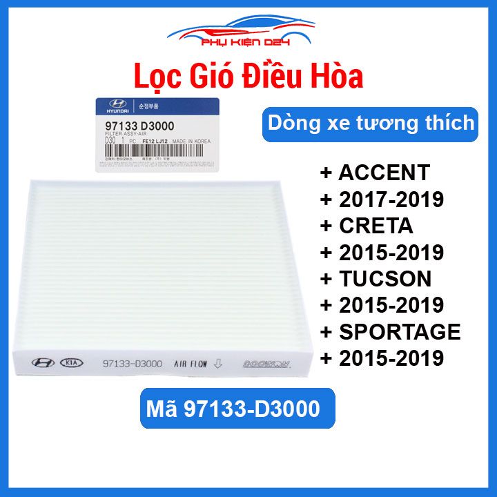 Lọc gió điều hoà  Hyundai Accent 2017-2021, Creta 2015-2021, Tucson 2015-2021 Mã 97133-D3000