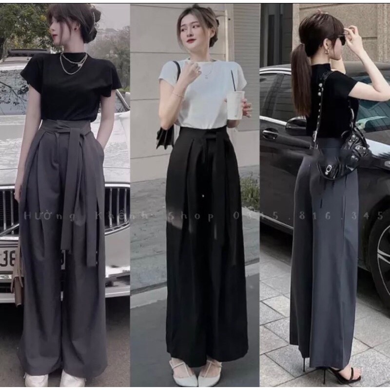 Quần suông xếp ly bản to lưng cao thắt dây nơ cách điệu Quần ống rộng thắt dây nơ xếp ly siêu xinh