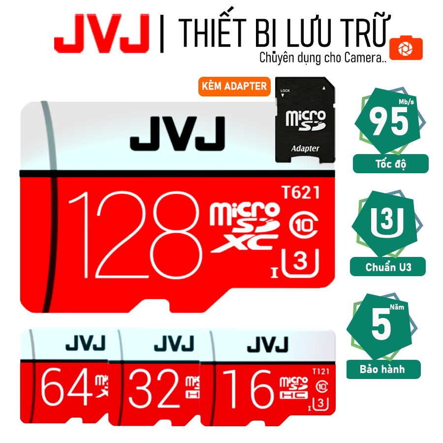 Thẻ nhớ 128Gb 64Gb 32Gb 16GB JVJ Pro U3 Class 10 kèm ADAPTAR chuyên dụng