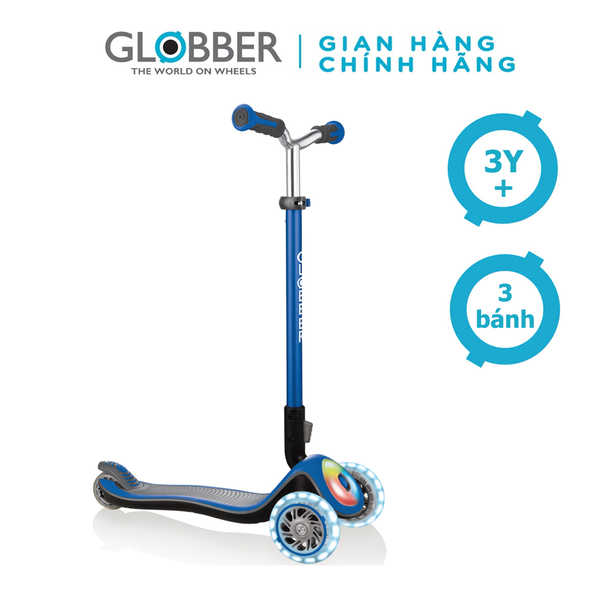 Xe trượt scooter 3 bánh gấp gọn có bánh xe và mặt trước phát sáng globber elite prime cho trẻ em từ 3 đến 9 tuổi – xanh da trời
