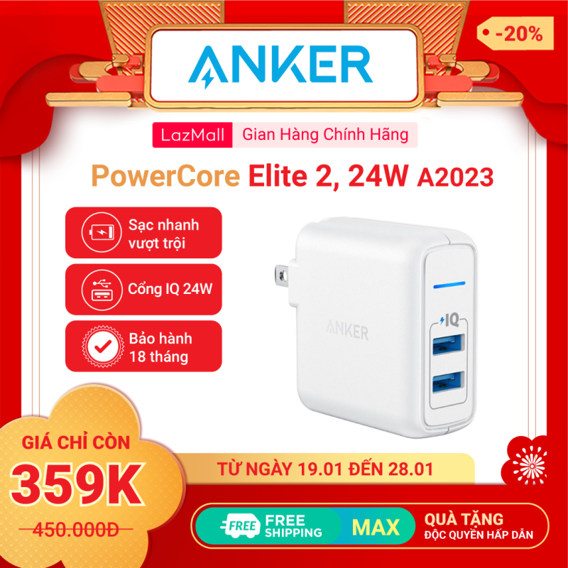 [Voucher 60k cho đơn 400k]Sạc ANKER PowerPort Elite 2 cổng PowerIQ 24W - A2023 - Sạc tối ưu với công suất tối đa 12W mỗi cổng, trang bị công nghệ an toàn tiên tiến bảo vệ thiết bị và củ sạc