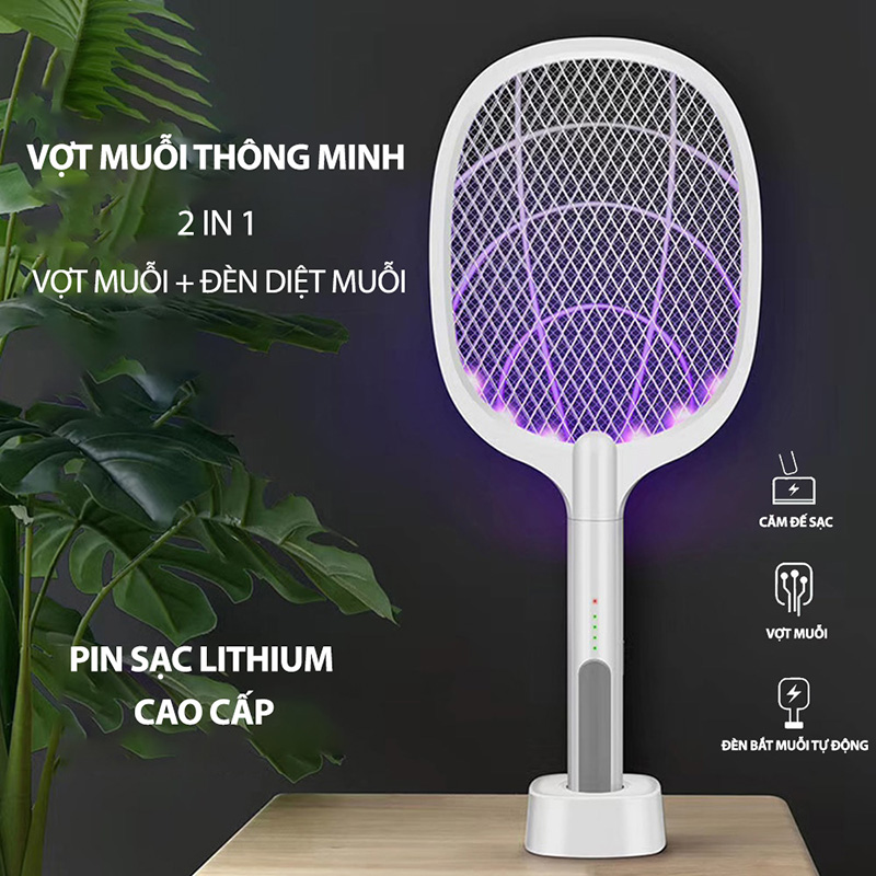 Vợt muỗi tự động kiêm đèn bắt muỗi sạc tích điện, vợt bắt muỗi thông minh cao cấp để bàn - Vợt Muỗi Thông Minh Kèm Đèn Led Siêu Sáng - Vợt Muỗi Đa năng 2 Trong 1 - Sạc điện 220v tiện dụng