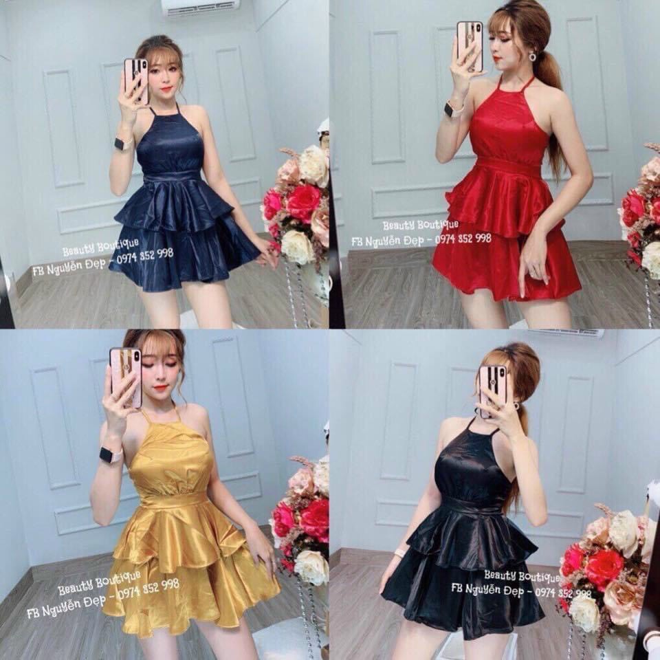 Đầm yếm hai tầng trơn chất phi bóng cực xinh