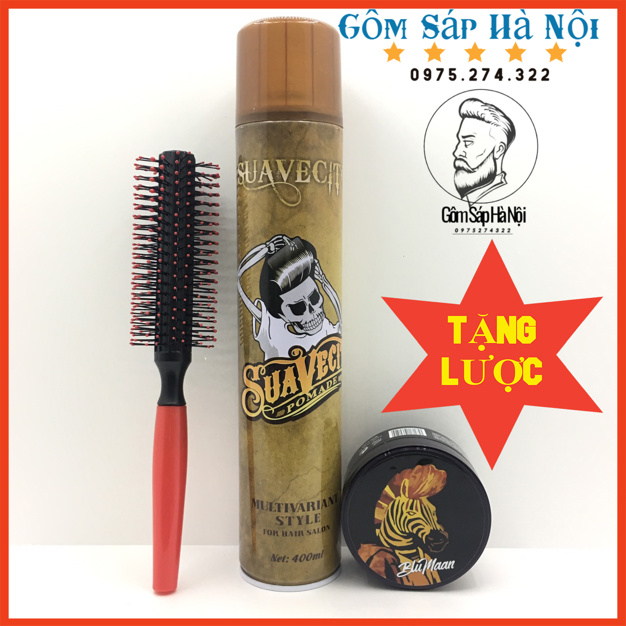 COMBO Gôm Xịt Tóc Suavecito + Sáp Vuốt Tóc Bluman Ngựa Vằn + Lược