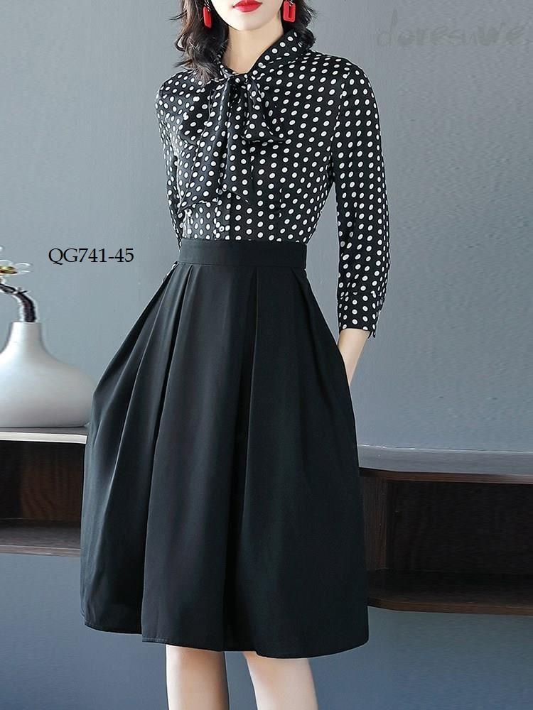 QG741 -ĐẦM XÒE PHỐI CHẤM BI THẮT NƠ - SIZE S-6XL