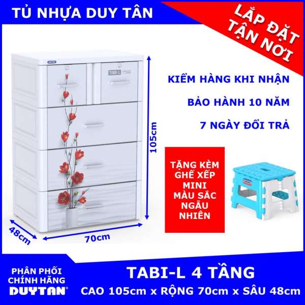 Tủ nhựa cao cấp Duy Tân TABI-L 4 tầng (Trắng Hoa Đỏ) tặng kèm Ghế xếp mini Duy Tân màu sắc ngẫu nhiên