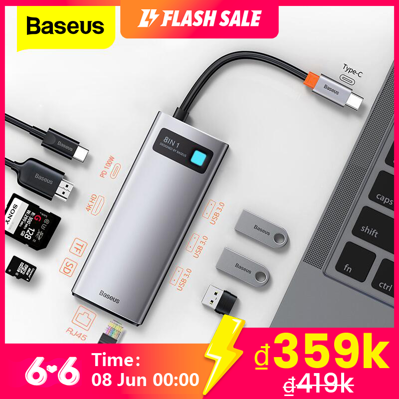 Bảng giá BASEUS USB C HUB Loại C sang HDMI tương thích với USB 3.0 Bộ chuyển đổi 8 trong 1 Loại C Đế cắm HUB RJ45 Đầu đọc SD PD 100W Bộ sạc cho MacBook Pro Air Bộ chia USB C Phong Vũ