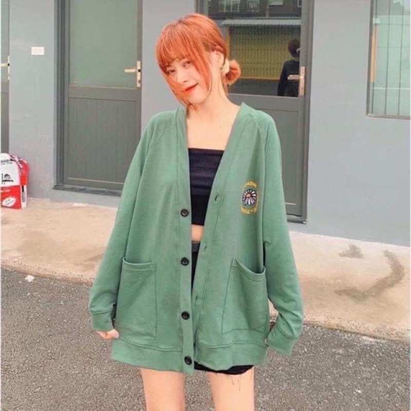 Áo Khoác Nhẹ Nữ, Áo Khoác Cardigan Nữ Túi Vuông Hoa Cúc
