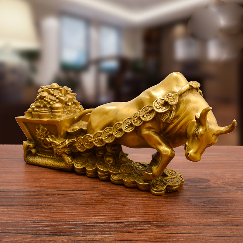 Tượng trâu sửu kéo xe tiền vàng bằng đồng thau phong thủy Hồng Thắng