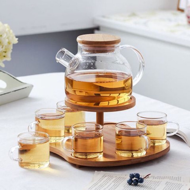 Set Bình Nắp Tre 1Lit + 6 Chén Quai Trụ 100Ml( Ko Kèm Khay)