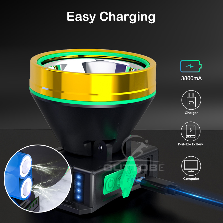 Outtobe Rechargeable LED Headlight IPX4 Waterproof Adjustable Light Headlamp Flashlight Camping Fishing Outdoor Hiking Headlamp Head Lamp Head Light with USB Charging Cable for Running, Fishing, Wild Adventure