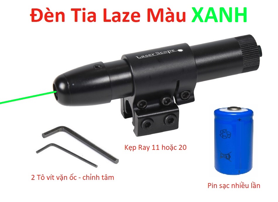 Đèn Laze, bút laser Tia XANH đầu nhọn LZ - 15X Đầy Đủ Kẹp ray 11 hoặc ray 20 - Tia Laser XANH 15 ( Giá Rẻ )