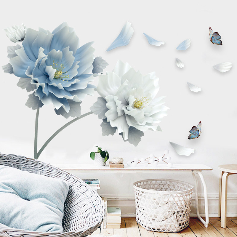 Decal dán tường hoa 3D xanh trăng