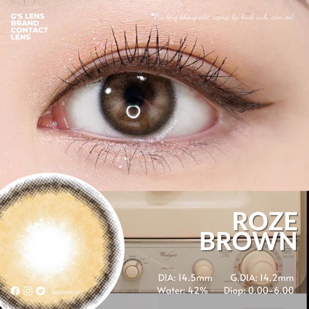 Lens mắt kính áp tròng nâu tự nhiên giãn nhẹ roze brown 14.2mm có từ 0 đến 6 độ cận g's lens