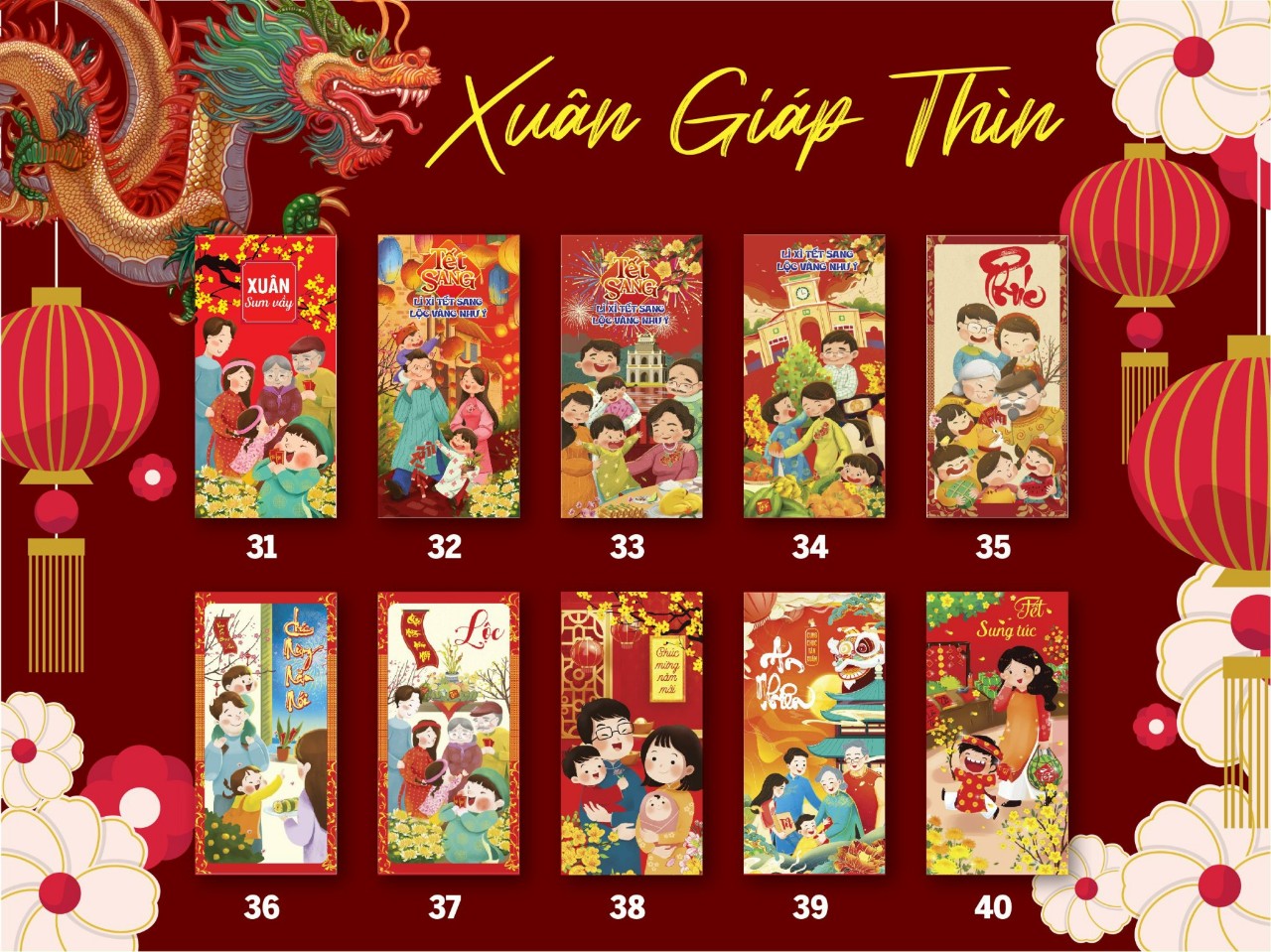 COMBO 10 BAO LÌ XÌ TẾT 2024 KÈM TÚI BÓNG
