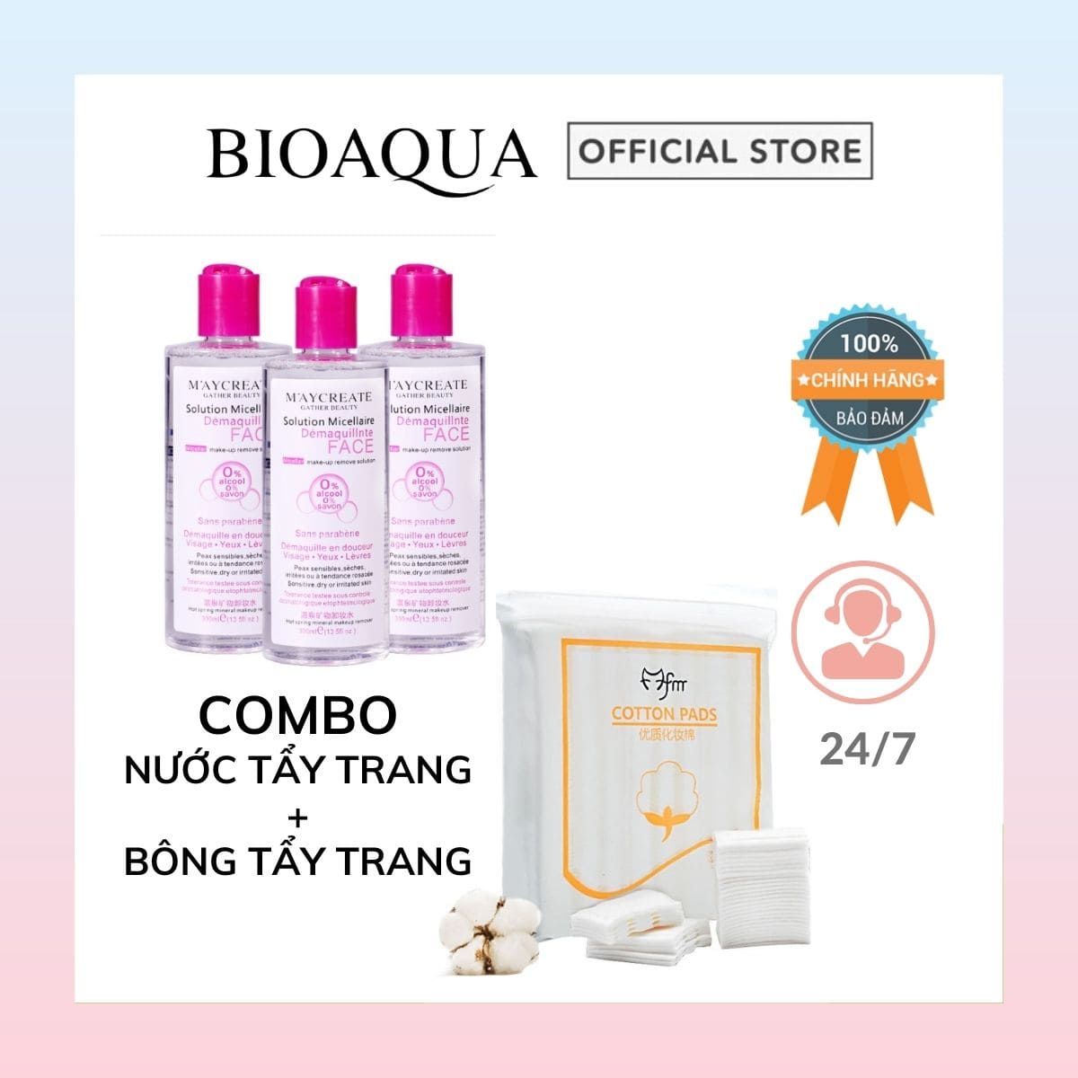 ComboNước tẩy trang, Bông tẩy trang 220 miếng cho mọi loại da Maycreate