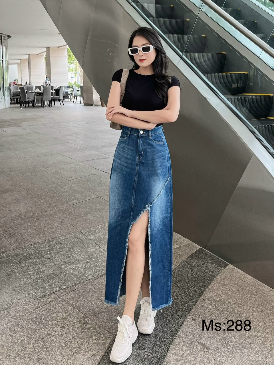 Chân váy jeans dài xẻ tà siêu xinh cw