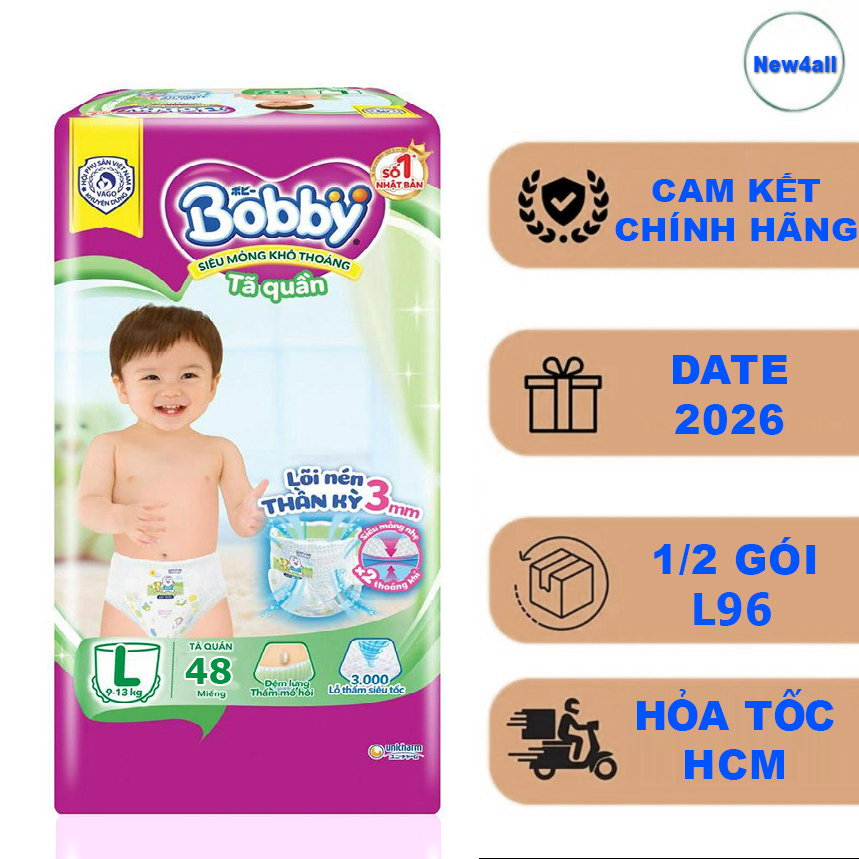 Tã quần Bobby L48 mẫu mới Date 2026 Mega Jumbo (Nửa gói tã/bỉm quần Bobby size L 96 miếng, bỉm quần Bobby L96 miếng)