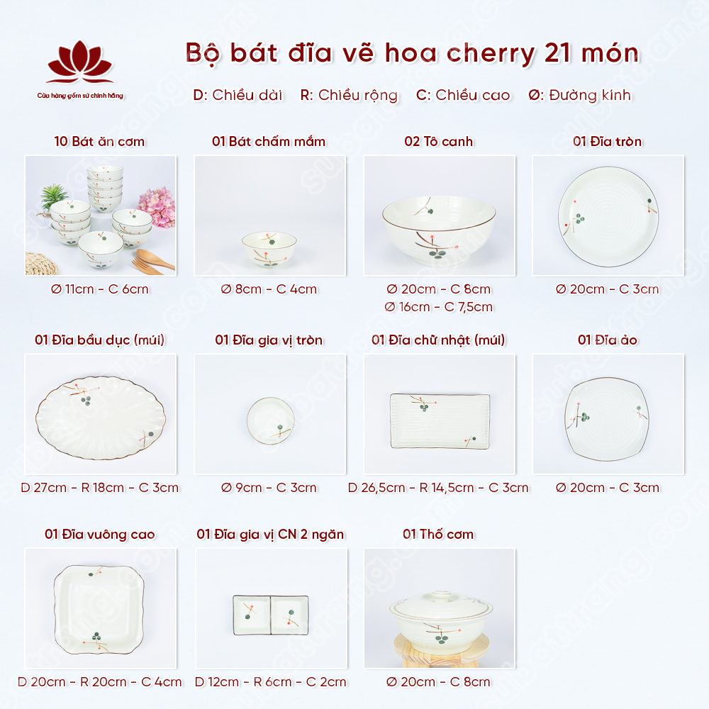 Bộ bát đĩa vẽ hoa cherry cao cấp Bát Tràng