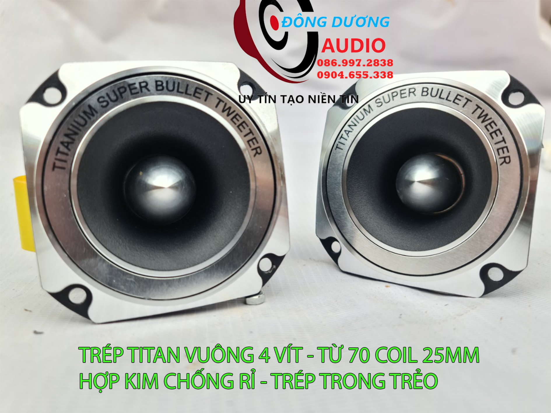 BỘ 2 CỦ TRÉP TWETER TITAN VUÔNG 4 VÍT COIL 25MM CÔNG SUẤT 150W - KÈM 2 TỤ 2.2MF