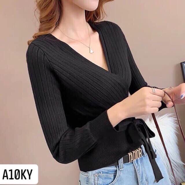 Áo thun len gân to tay dài cổ tim đắp chéo