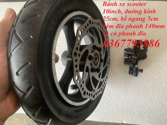 Bánh xe 10inch đường kính 25cm, bề ngang 6cm kèm đĩa và củ phanh chế xe sooter 2 bánh, xe 3-4 bánh, ô tô điện, xe chở hàng