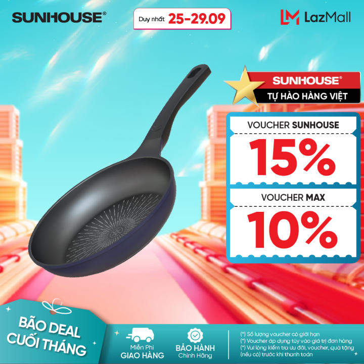 Chảo chống dính siêu bền Sunhouse SBD20-24-26-28-30B - Chống dính 2 lớp - Tay cầm cách nhiệt - Vân đá truyền nhiệt tốt