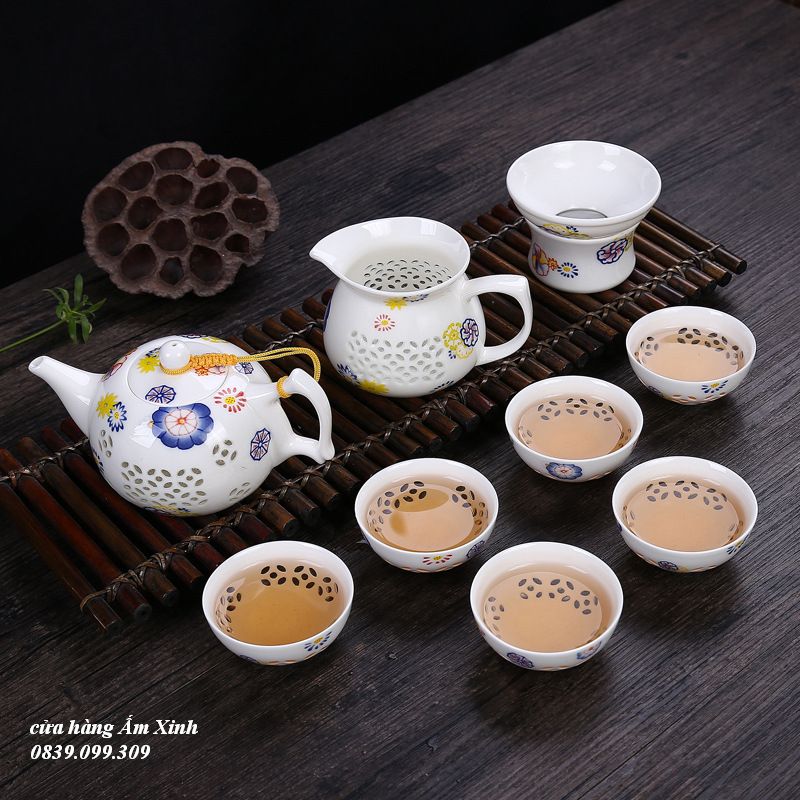 Bộ ấm chén sứ thủy tinh pha trà đạo