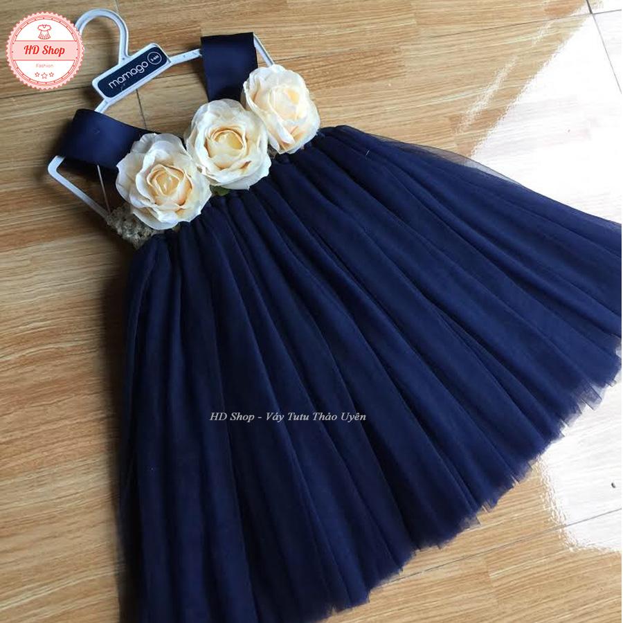 Váy tutu xanh than hoa hồng lụa cho bé gái