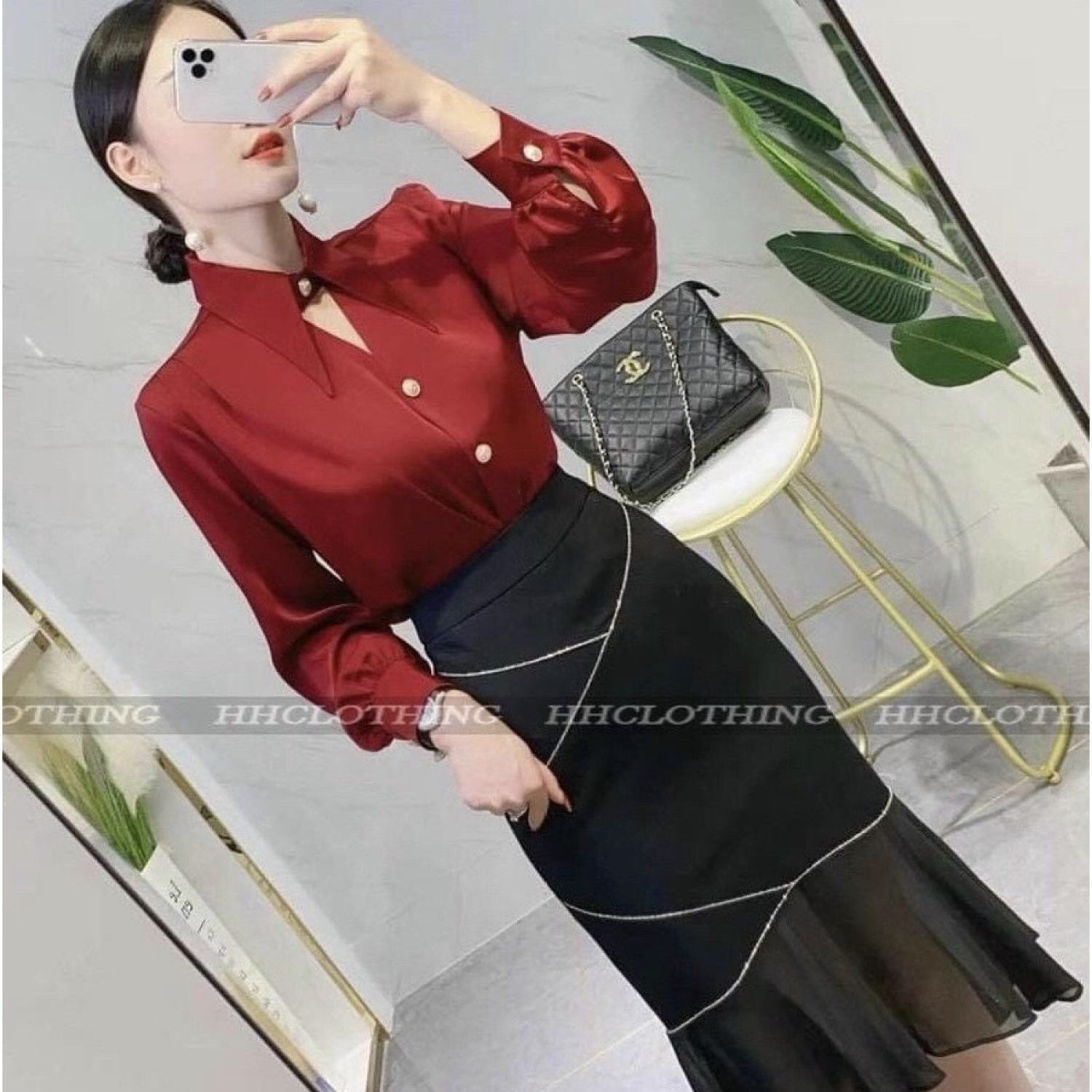 Áo sơ mi lụa công sở cổ lá khoét ngực cao cấp