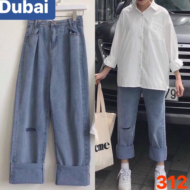 QUẦN BAGGY JEAN NỮ CHẤT BÒ XANH RÁCH 1 GỐI DÀI ỐNG SUÔNG RỘNG LƯNG CAO NÂNG MÔNG NHẬT BẢN DB-312 CAO CẤP - DUBAI FASHION