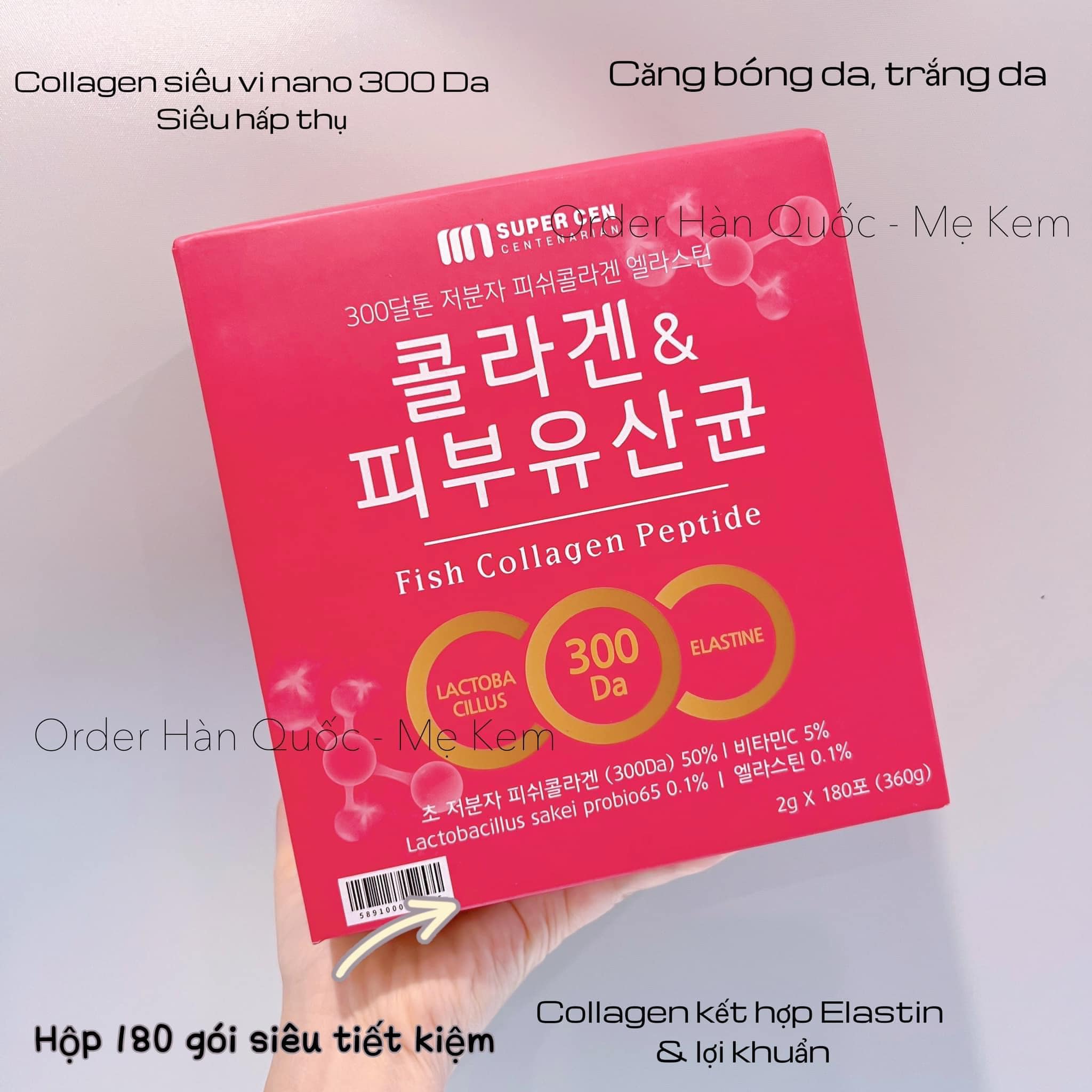 Bột uống Fish Collagen Peptide Elastin siêu vi nano Super Cen 180 gói