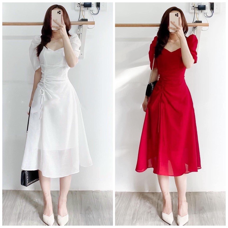 Đầm cổ V tùng rút dây 2 màu
