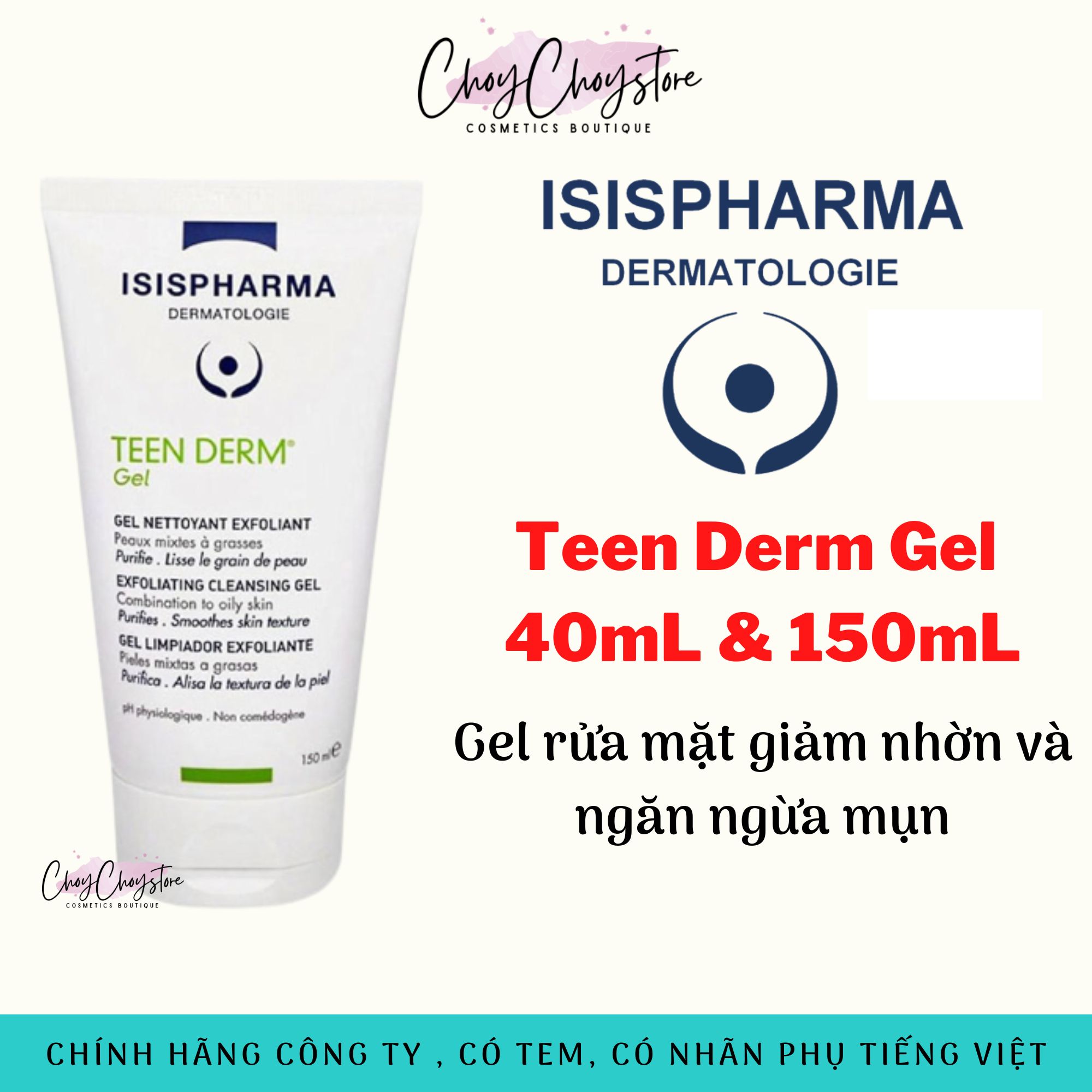 [TEM CTY] Sữa rửa mặt ISIS Pharma Teen Derm Gel 40mL & 150mL - Gel rửa mặt giảm nhờn và ngăn ngừa mụn
