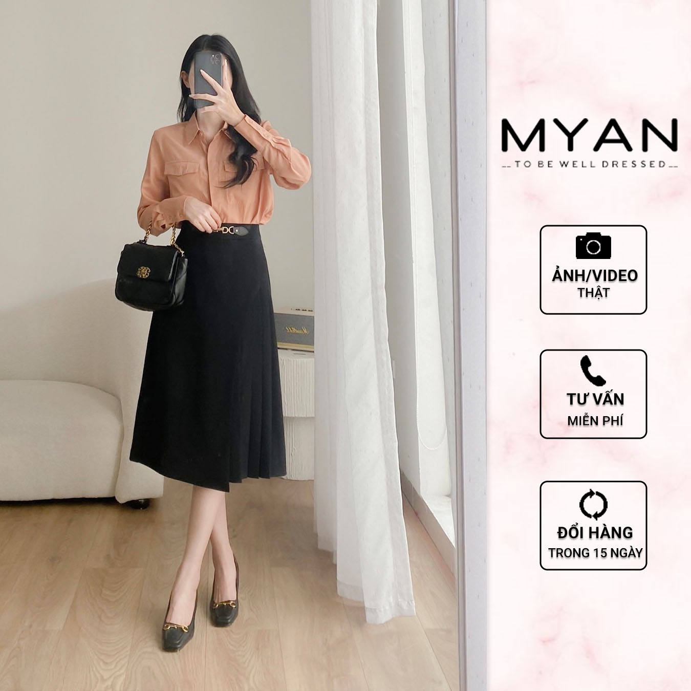 Áo sơ mi lụa nữ myan thiết kế áo sơ mi cổ đức 2 túi vuông, tay bồng 3 khuy màu trơn avn092205