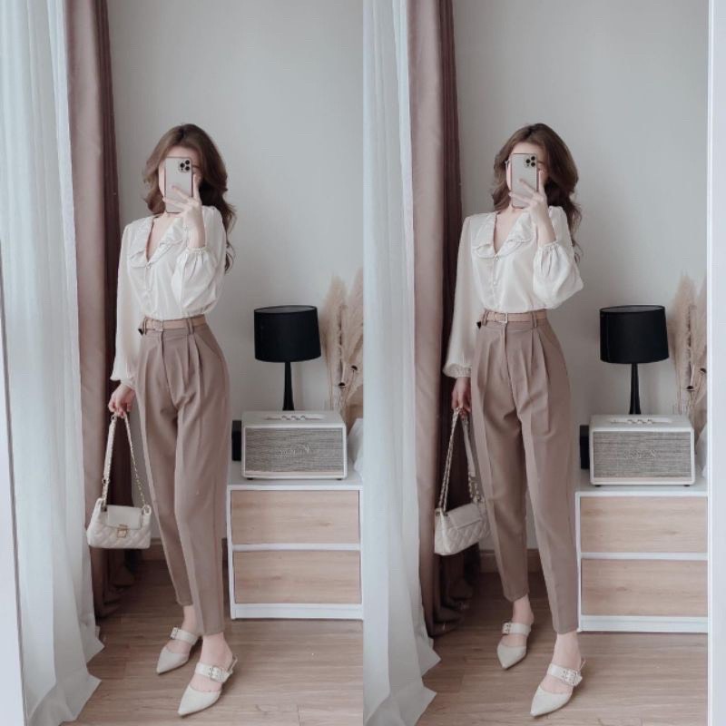 Áo sơ mi kiểu trắng nữ chất lụa phối ngọc sang chảnh A567
