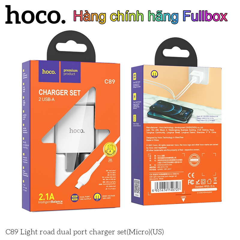 Bộ sạc HOCO chính hãng C89 (Lightning,TypeC, Micro)