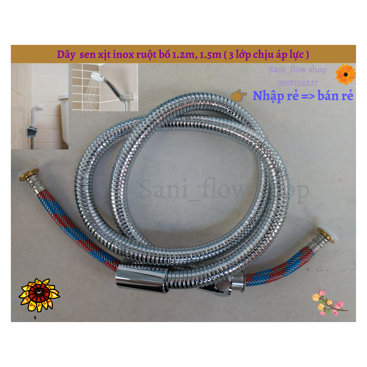 Dây sen xịt vệ sinh inox 304 nhuyễn ruột bố 3 lớp chịu áp lực cao dài 1.2m, 1.5m dây cấp nước cao áp siêu rẻ
