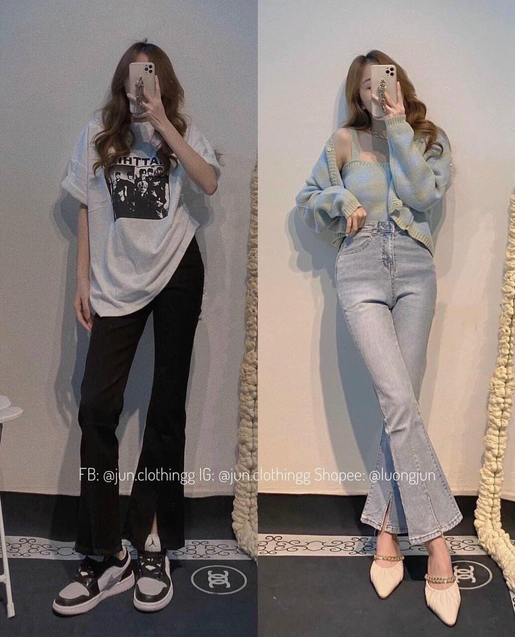 QUẦN JEANS ỐNG LOE XẺ LƯNG CAO