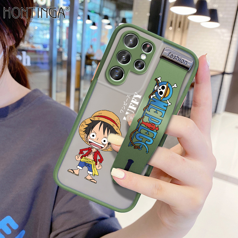 (With Wristband) Hontinga Casing Case For Samsung Galaxy S21 Ultra 5G Case Shockproof Frosted Cartoon Anime Case Luffy Transparent Phone Casing Full Back Cover Lens Camera Protector Cases Hard Case For Boys