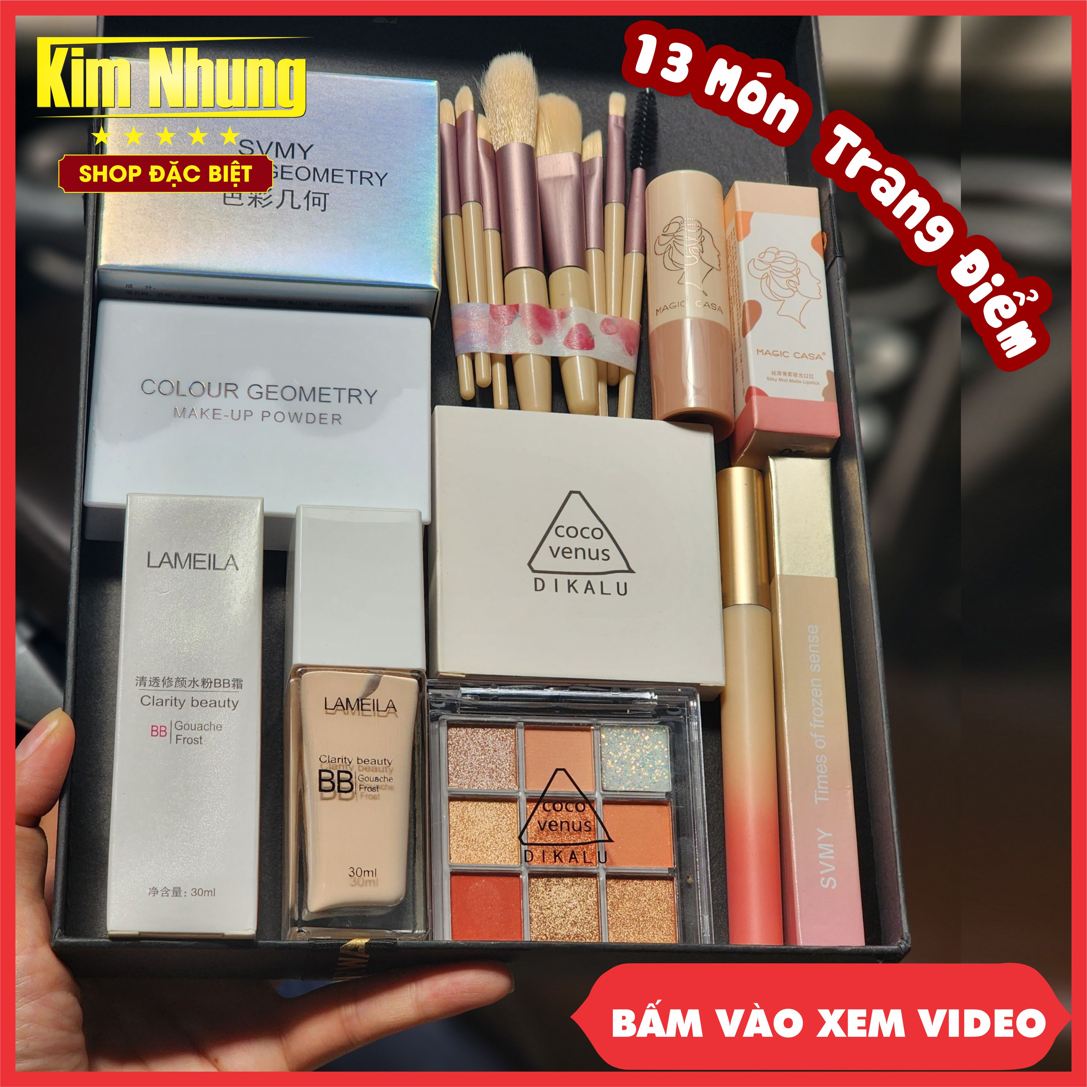 Bộ trang điểm 13 món phấn mất + kem nền + phấn phủ + son lì + Mascara + Bộ cọ trang điểm