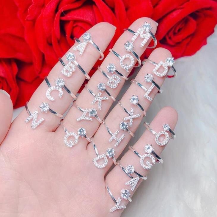Nhẫn bạc mặt chữ cái đính đá nhỏ xinh xắn, bạc ta sáng đẹp [ Đủ chữ- Khách hàng inbox hoặc ghi chú trên đơn hàng báo mặt chữ cho shop]