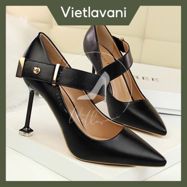 Giày cao gót nữ VIETLAVANI VNKC39 da lì, mũi nhọn, gót nhọn cao 8 cm, đai nịt phong cách thời trang độc đáo