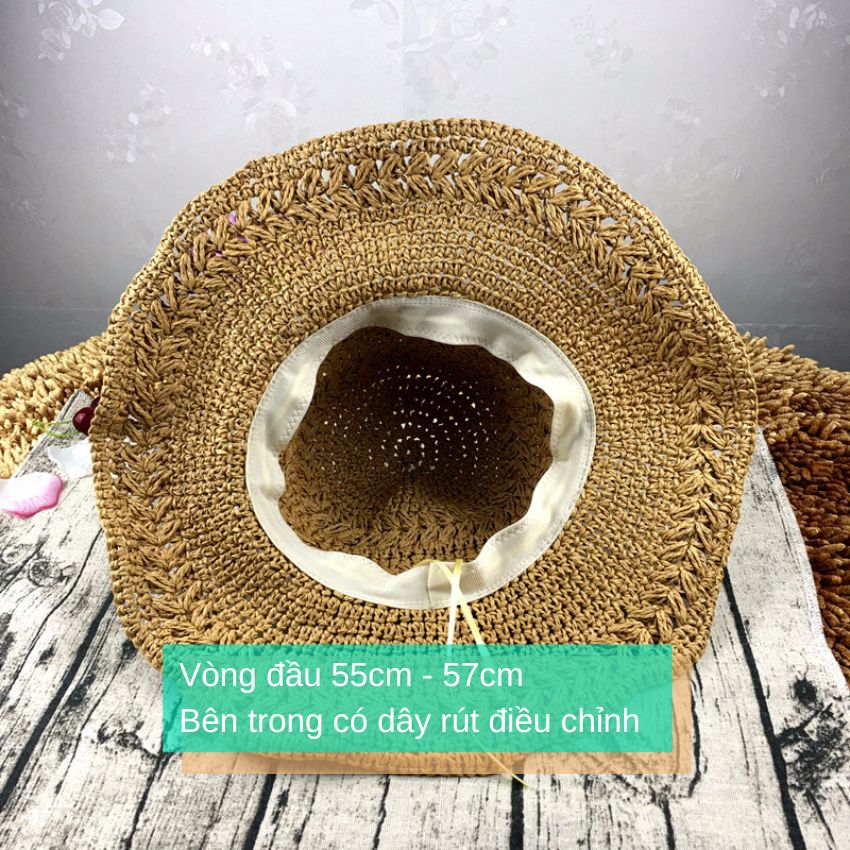 Mũ cói mềm đan móc rộng vành thắt dây cói