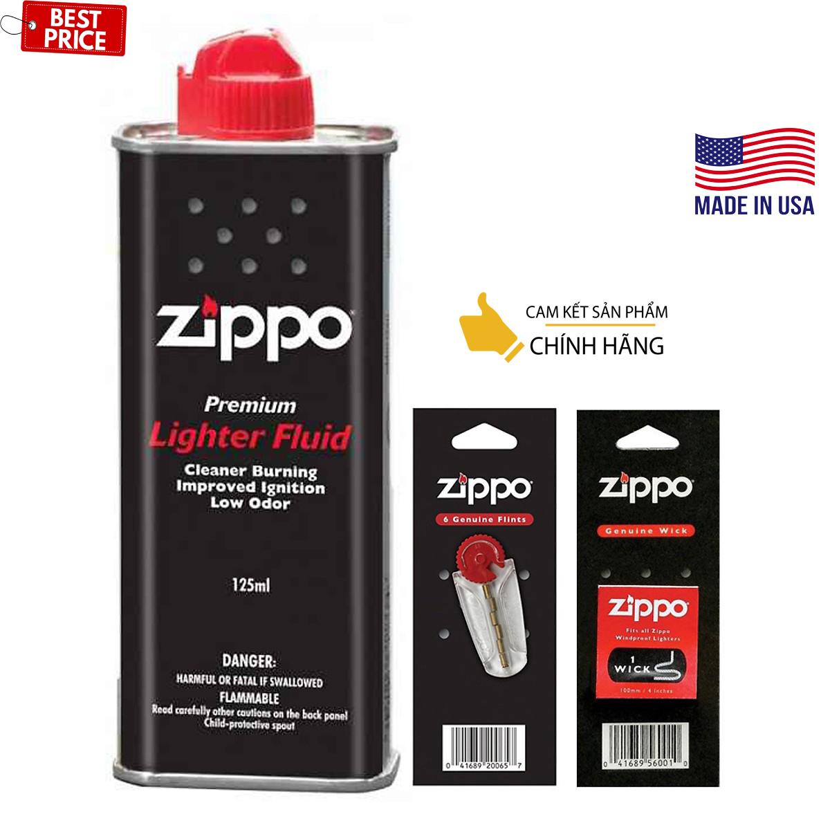Combo phụ kiện xăng, đá, bấc dành cho bật lửa Zippo ( có tem 7 mầu chống giả )