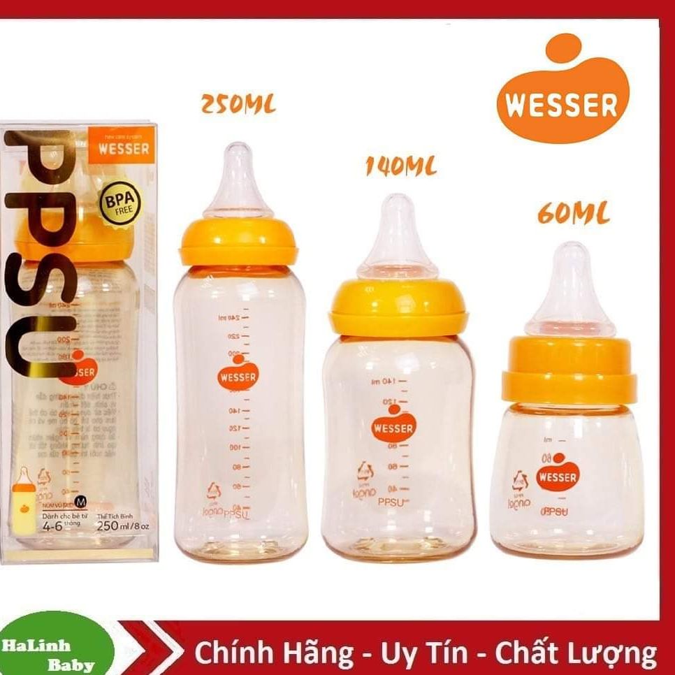 {CHÍNH HÃNG} - Bình Sữa Wesser PPSU Cổ Hẹp Cao Cấp 60ml/140ml/250ml (mẫu mới)
