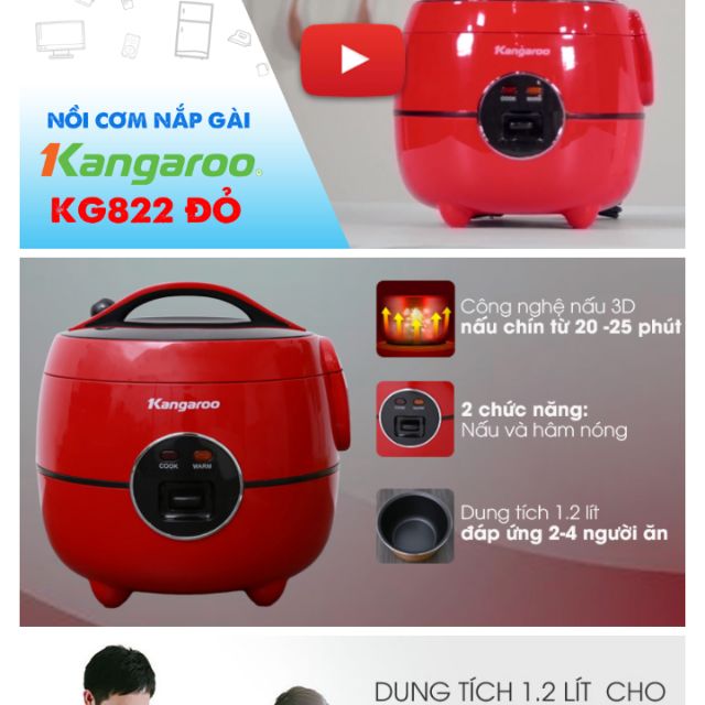 Nồi Cơm Điện Kangaroo Đỏ 1,2Lit. Kg822. Hàng Y Hình